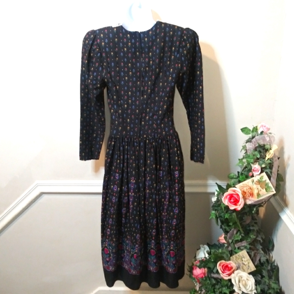 Rare Vintage Gunne Sax Cottageore Style Lace Collared Black Floral Midi Dress - Picture 7 of 14